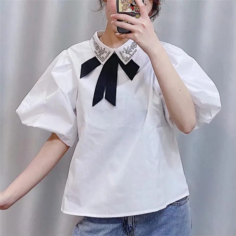 

Women Vintage Puff Sleeve Female Shirts Sweet Fashion Beading White Blouses Blusas Chic Tops