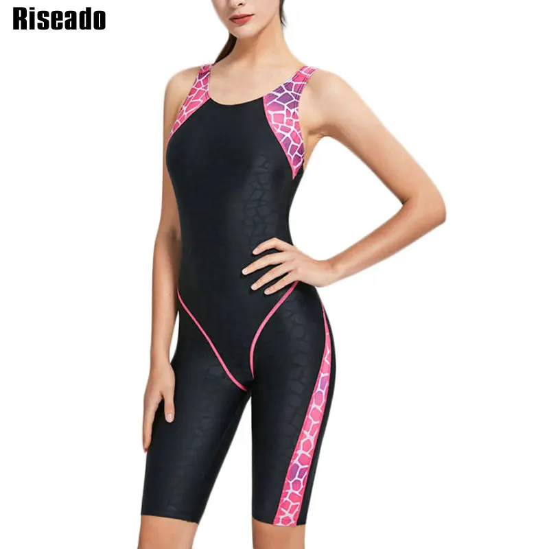 Riseado New Sport One Piece Swimsuit Patchwork Competitive Swimwear Women Racer Back Bathing Suit Boyleg Swimming Bodysuit