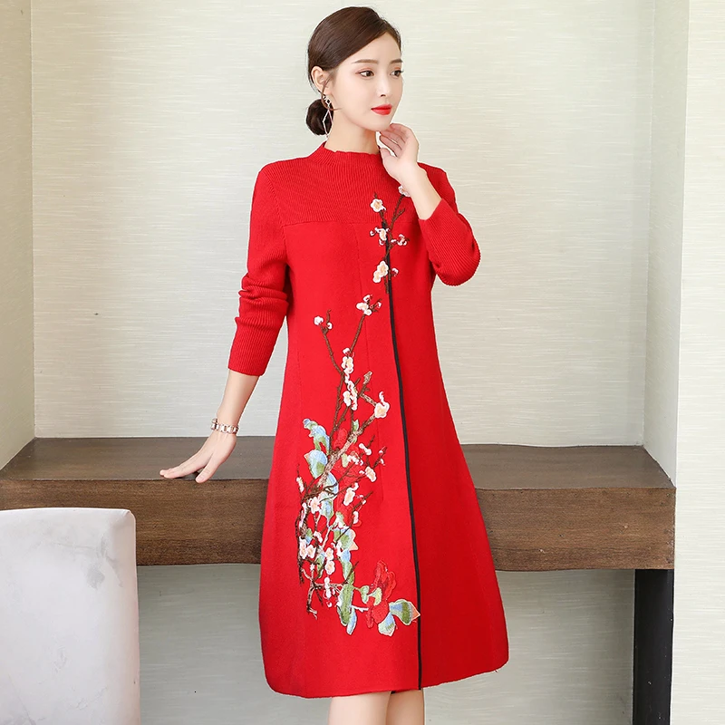 Женский свитер с высоким воротником, китайский стиль cheongsam, улучшенная версия платья, осенний и зимний вязаный свитер с вышивкой - Цвет: Red