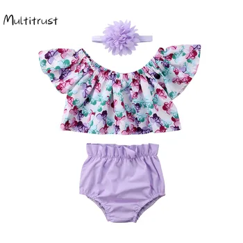 

3Pcs Hot Newborn Baby Girl Clothes Off Shoulder Floral Top +Shorts Brief +Headband Outfits Set 0-24 Months