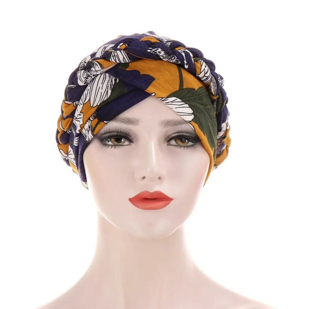 Muslim Women Silk Braid Pre tied Turban Hat Headscarf Cancer Chemo Beanie Cap Headwear Head Wrap Hair Accessories 2