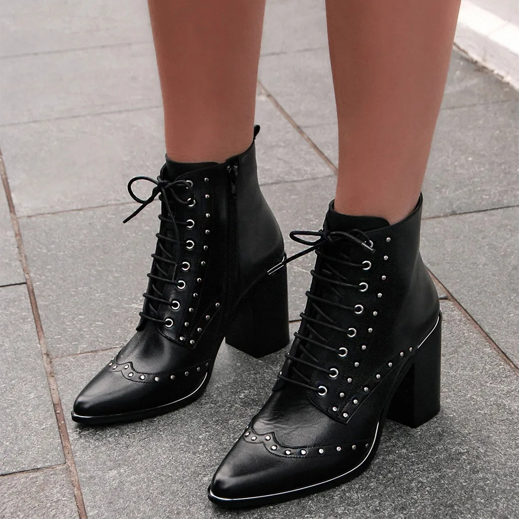 

shoes woman fashion boots zapatos de mujer Women's Ladies Pointed High Heel Leather Boot Zipper Ankle Boots Motorcycle Boot
