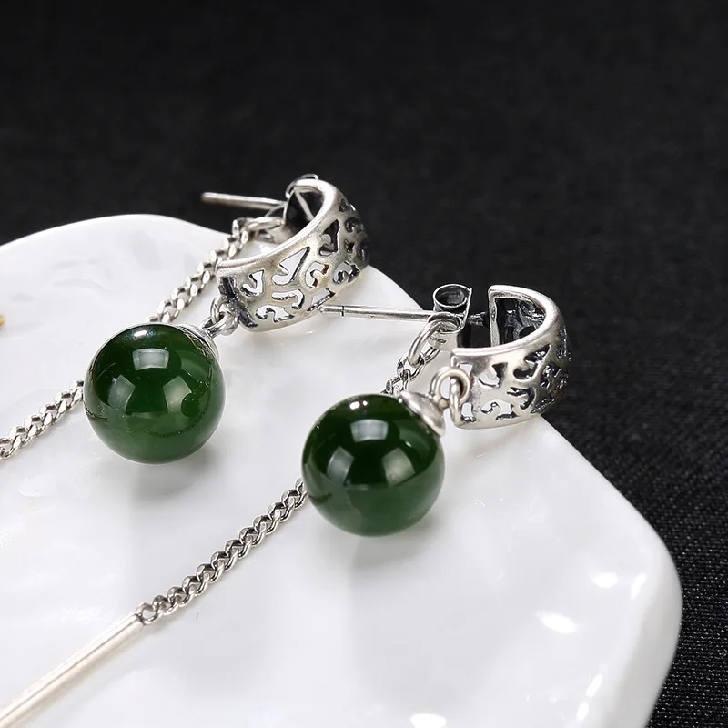 

silver matte inlay hetian jade round pearl lady style restoring ancient ways of high-grade pendant earrings wholesale