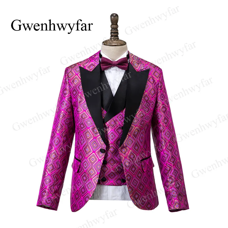 Gwenhwyfar Genle, мужские костюмы, розовые, настоящие Женихи, мужские, черные, с отворотом, смокинги для жениха, мужские смокинги, Свадебные/выпускные костюмы, 3 предмета