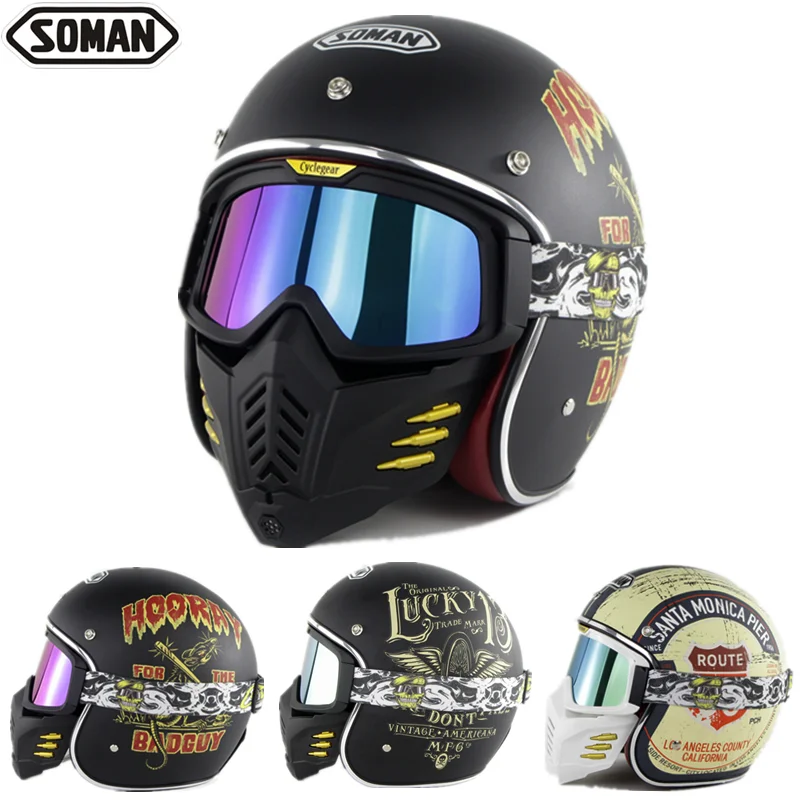 

Motorcycle Retro Vintage Helmets with Face Mask Goggles Open Face Half Face Helmet Dot Retro Helmet Motorcycle Motorbike Helmet