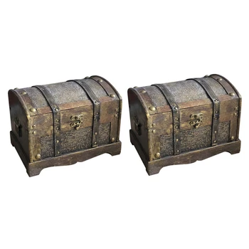 

2 Pcs Case Wooden Antique Decor Treasure Chest Sundries Box Jewelry Storage Treasure Case Without Lock Small & Large