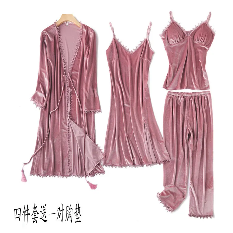 Новая Осенняя Золотая Бархатная пижама из 4 предметов, сексуальная пижама для женщин, одежда для сна, зимняя розовая пижама, длинный женский ночной костюм, Fdfklak