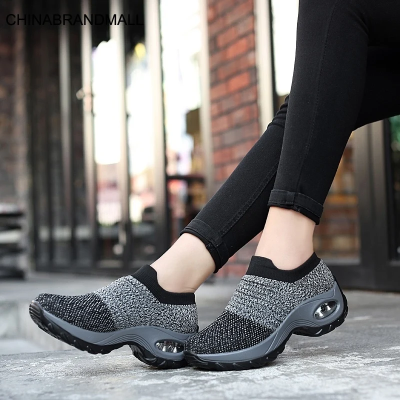 

2020 New Spring Women Sneakers Shoes Flat Slip on Platform Sneakers for Women Black Breathable Mesh Sock Sneakers Zapatos Mujer