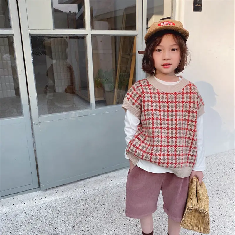 

autumn Korean girls plaid cartoon knitted vest sweater fashion cute outfits lattice clothes