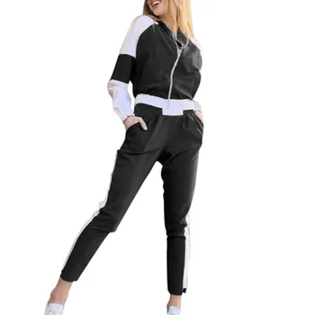 

Women Tracksuit Two Piece Sets Blcak White Patchwork Sport Top And Pants Pullover Zipper Fit Jacket Sportwear Tracksuit Sets