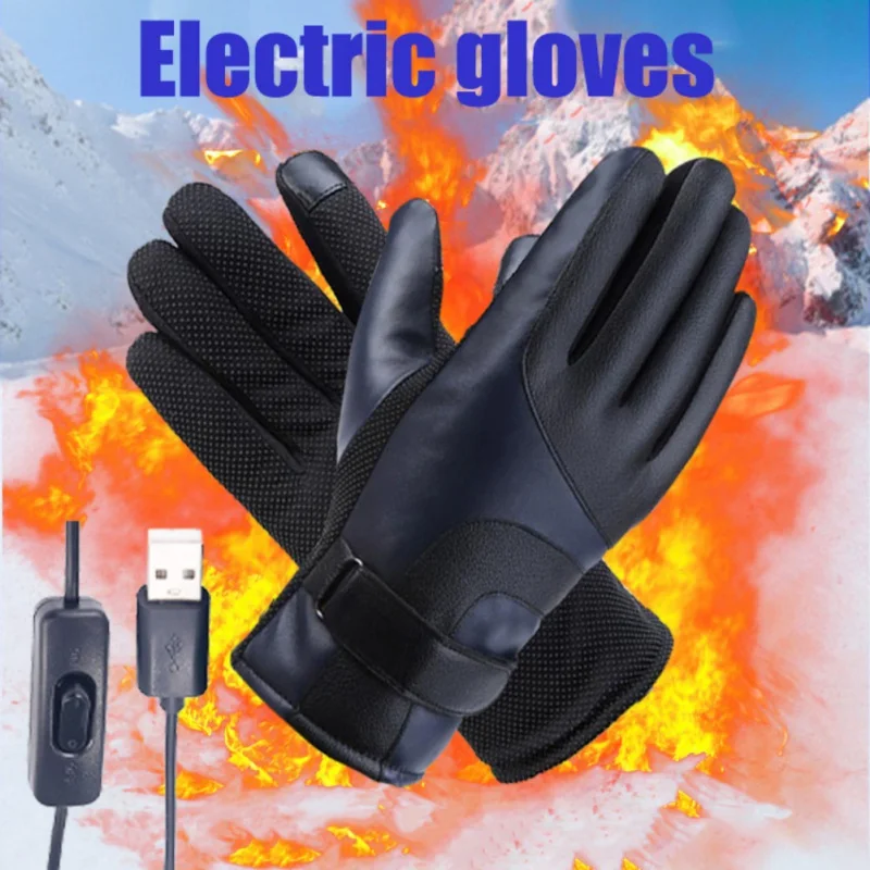 Электрические перчатки с подогревом и usb-разъемом с сенсорным экраном для мужчин и женщин, зимние теплые перчатки для верховой езды, ветрозащитные - Цвет: Черный