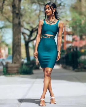 

2019 Autumn Vestidos Women Sexy Designer Hollow Out Mental Blue Bandage Dress Celebrity Night Club Mini Party Dress