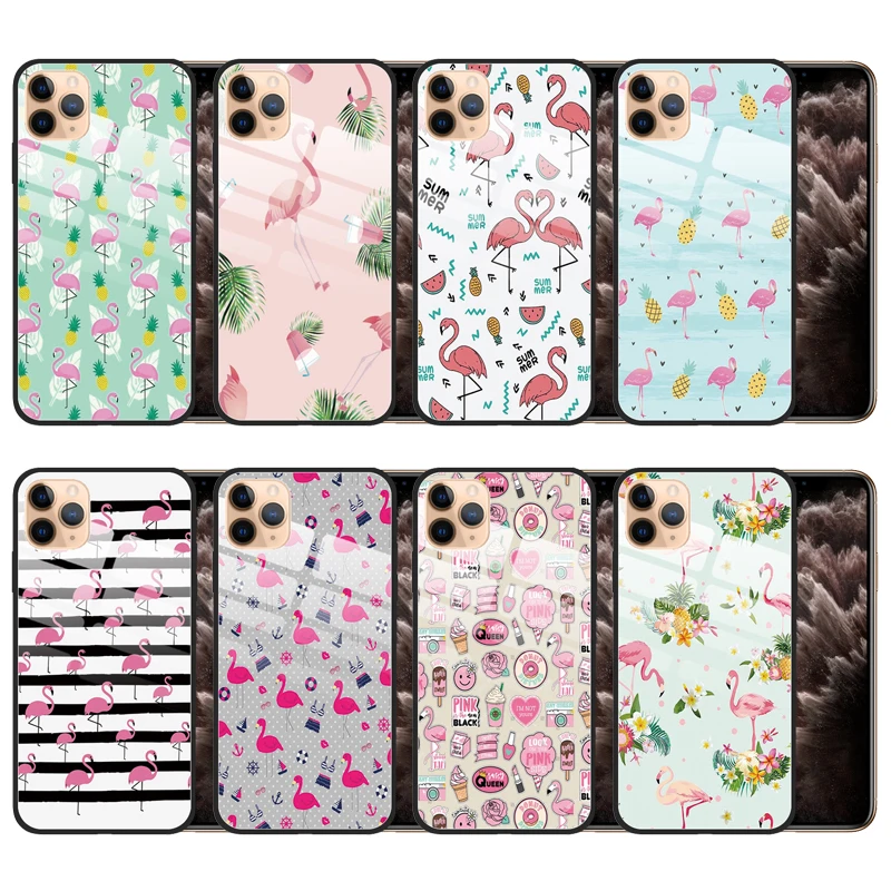 for iPhone 11 Pro XS Max XR X 8 Plus 7 6S Cute Cartoon Flamingo Case Anti-Scratch Fingerprint Tempered Glass Cover No.507 | Мобильные