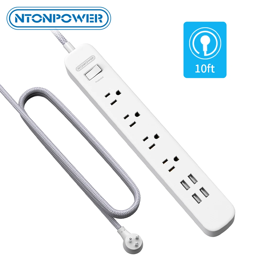 

NTONPOWER Power Strip US Multi Plug Socket 10ft White Braided Line Surge Protector 1700J Extension Socket For Home Office