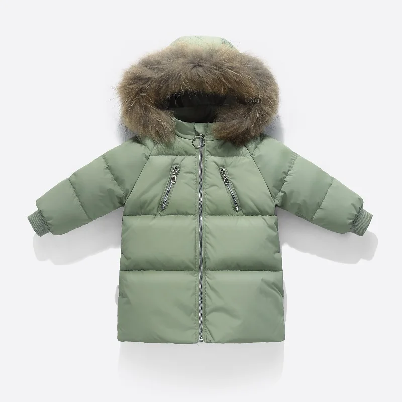Модное зимнее теплое Детское пальто с меховым воротником на утином пуху детская верхняя одежда куртки для маленьких мальчиков и девочек на рост 75-130 см - Цвет: Зеленый