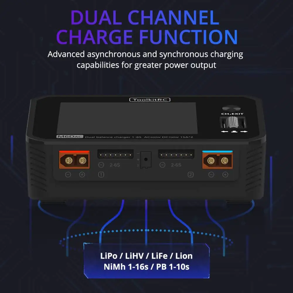 ToolkitRC M6DAC DC 700W AC 200W 15A*2 USB-C 65W QC3.0 Dual Channel Smart Lipo Battery Charger Discharger for 1-6S Lipo Battery