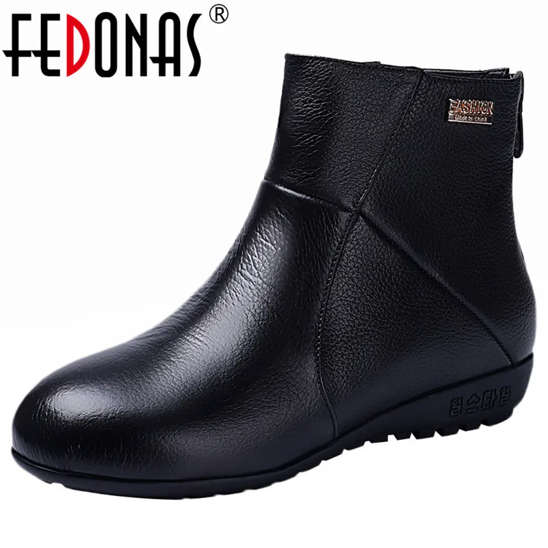 

FEDONAS Winter Warm Comfortable Genuine Leather Female Short Boots Women Ankle Boots Casual Office Shoes Woman Wedges Shoes