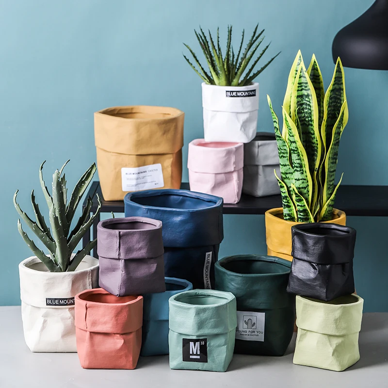 

Ceramic Kraft Paper Bag Flower Pot Green Plant Potted Creative Personality Household Green Dendrobium Succulent Cactus