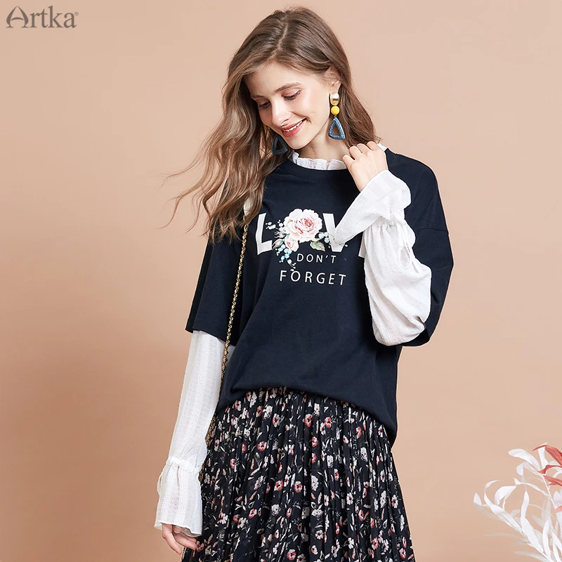 ARTKA, осенняя Новинка, женская футболка с длинным рукавом, имитация двух частей, о-образный вырез, модная футболка с буквенным принтом, Повседневная футболка для женщин TA15192Q