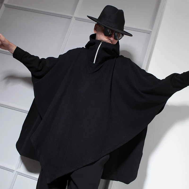 

Men windbreaker autumn and winter loose hooded cape cape men's leisure coat long European and American clubs black large size