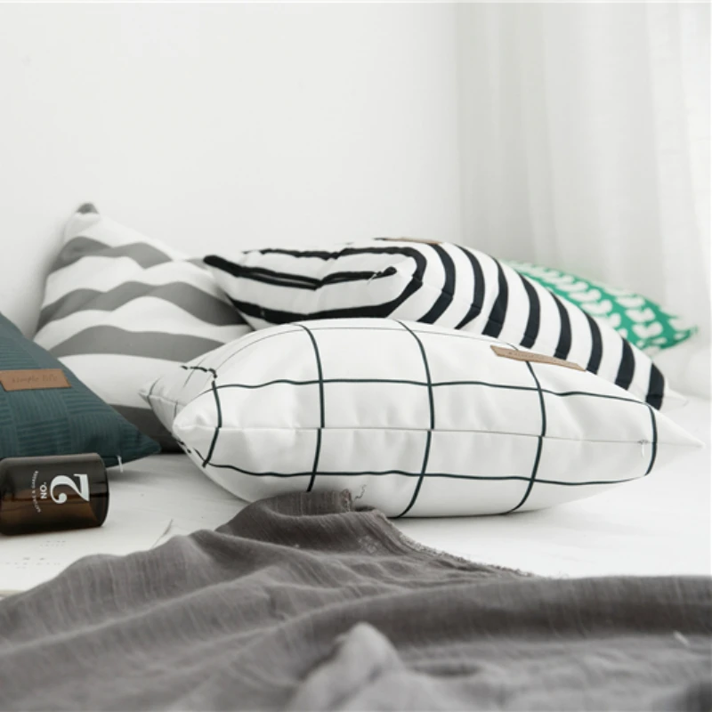 Nordic Literature Modern Pillow Cover Simple Canvas Stripe Lattice Printed Cushion Cover Home Bay Window Sofa Decoration 45x45