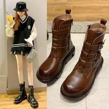 

Brown Boots Women Shoes Retro British Round Toe Side Zipper Platform Strange Style Heel Metal Buckle PU Upper Motorcyle Boots