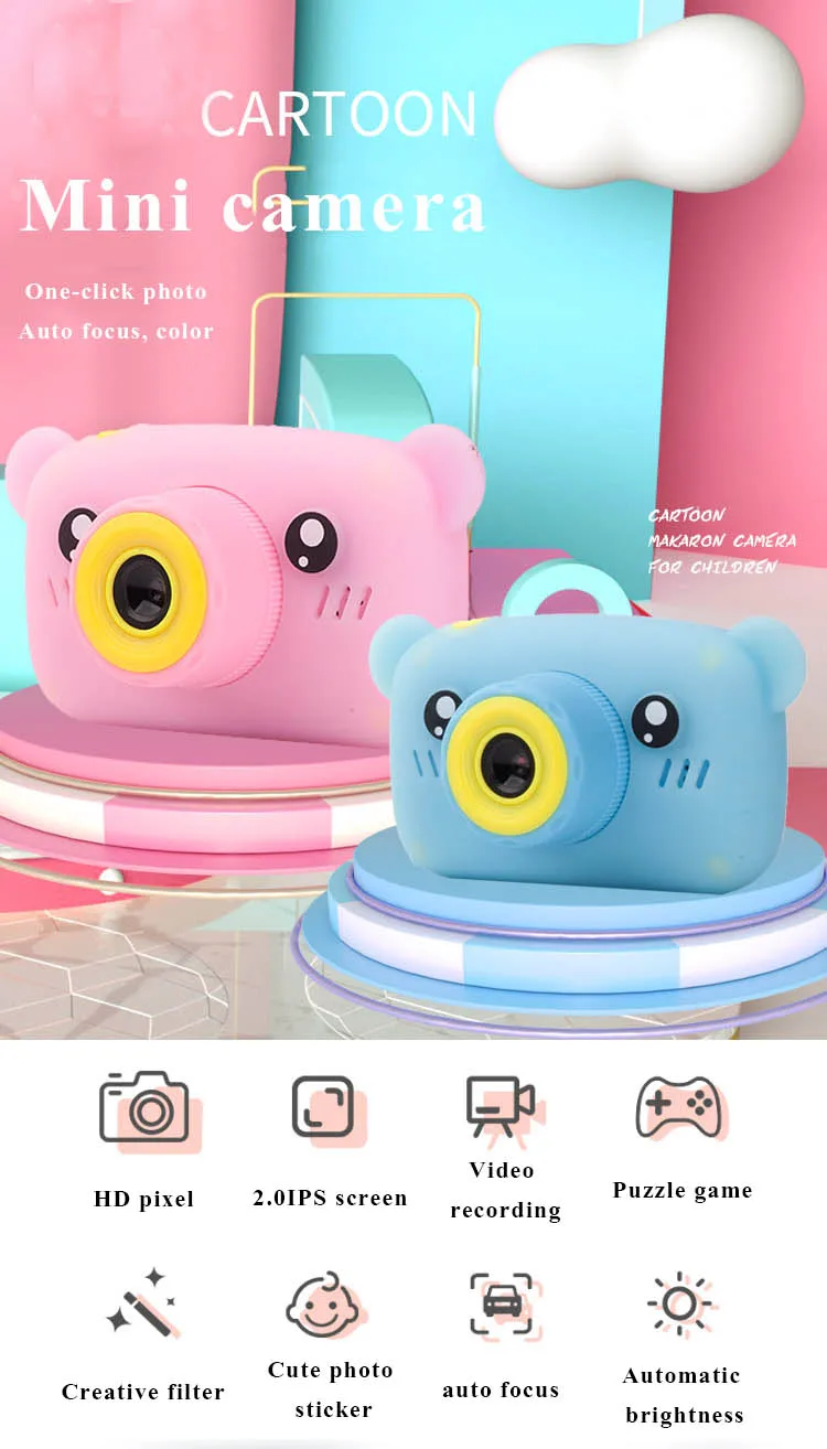 2021 New Portable Children 13MP HD Digital Camera Cute Cartoon 2 Inches IPS Screen Mini Portable SLR Camera Toy Kid Gift