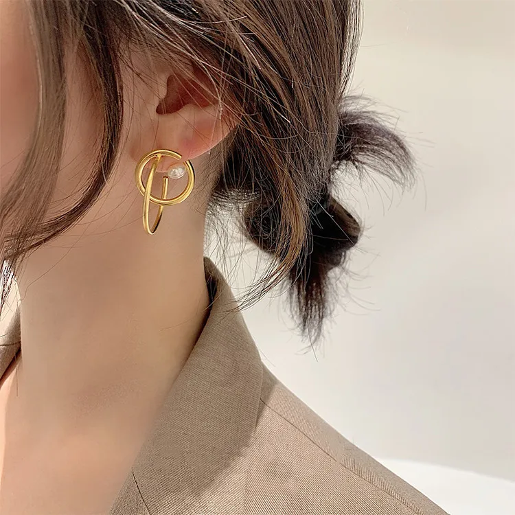 

New Design 925 silver Fashion Jewelry Metallic Gold Double Circle Hoop Earrings Party Geometric Pearl Brincos Earrings for women