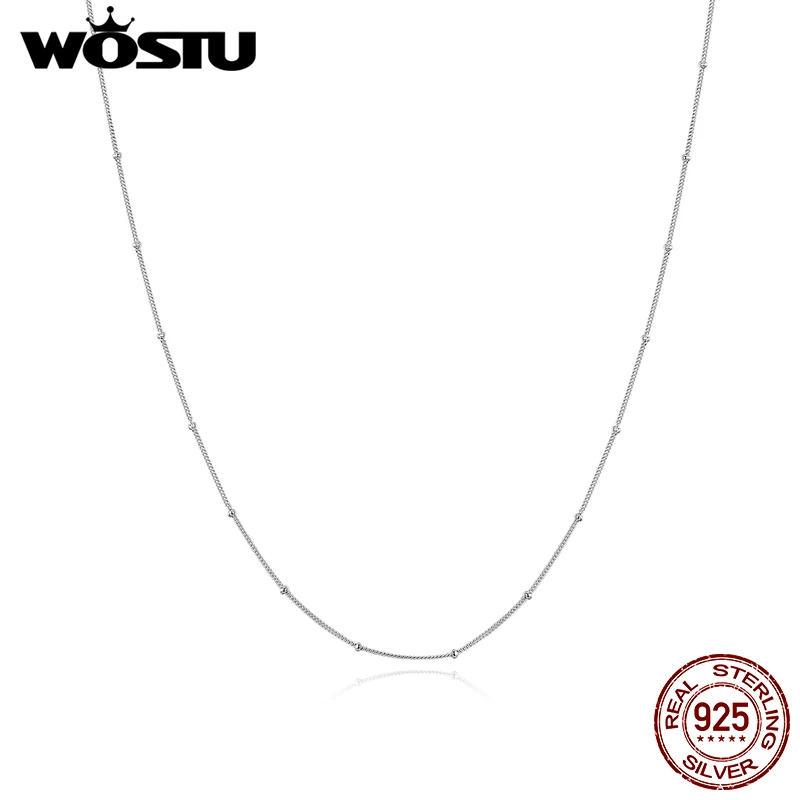 WOSTU Genuine 925 Sterling Silver Small Beads Simple Necklace Platinum-Plated Chain Link For Women Fashion Jewelry Gift BKN391 | Украшения