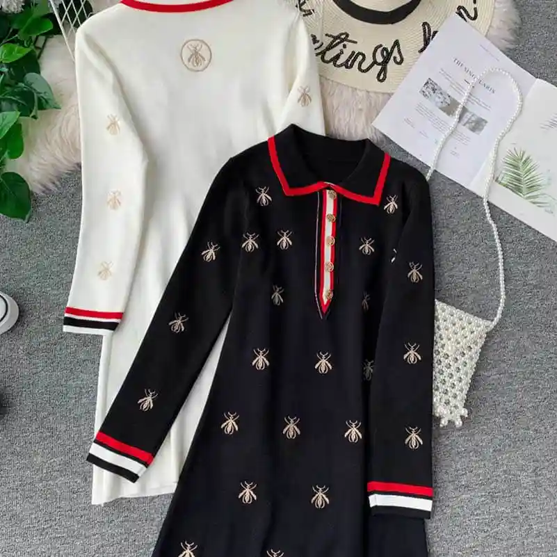 Skup NiceMix jesienne swobodne sukienki damskie sukienka trapezowa hafty pszczoły z dzianiny z długim rękawem elegancka sukienka damska odzież szata Femme