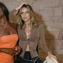 

Summer 2021 Ladies Cardigan Transparent T-shirt Brown Lapel Button Mesh Casual Sexy Long-sleeved Top Transparent Cardigan Top