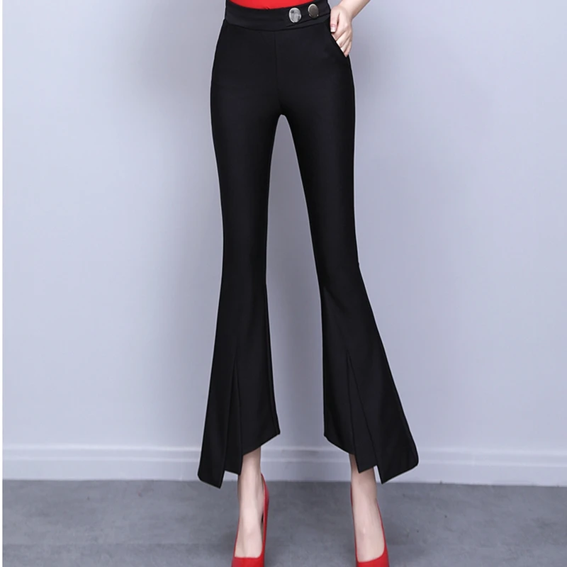 

2021 new women's trousers fashion split irregular flared pants ladies black high waist skinny work wear boot cut pants women