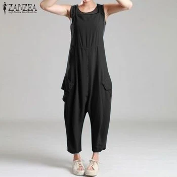

2020 Women Solid Work Overalls ZANZEA Summer Casual Drop Crotch Jumpsuits Sleeveless Loose Rompers Suspenders Harem Pants Turnip