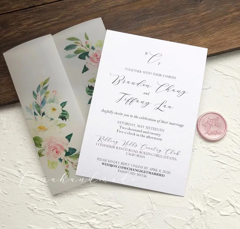  Pink Floral Vellum Wedding Invitation with Wax Seal，green leaf and white flower AI084 - 4.00052E+12