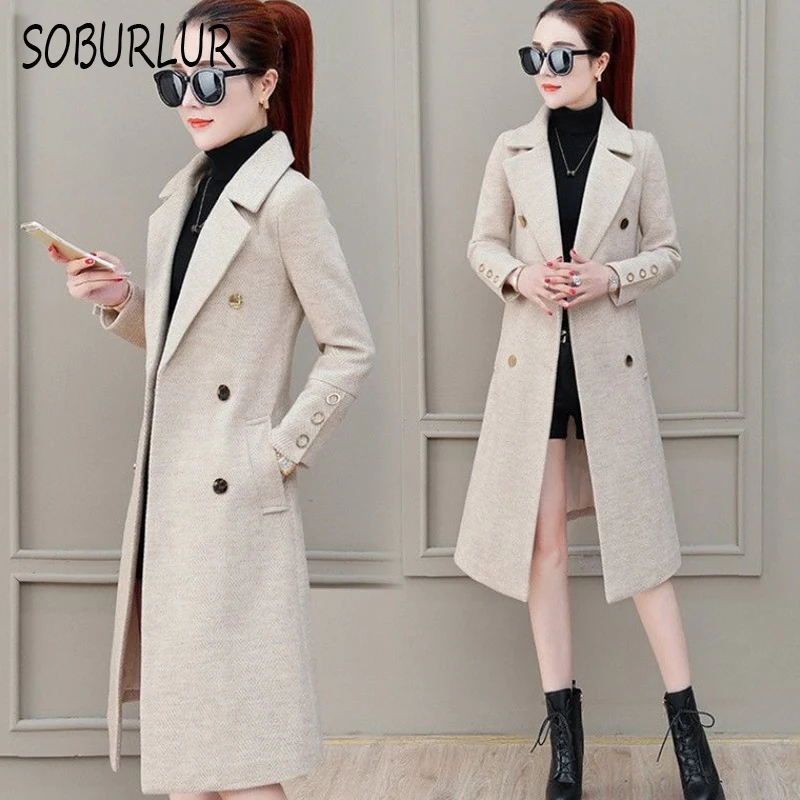Fashion Winter Jacket Women's Double Breasted Mid-length Wool Coat Solid Color Korean Slim Female Woolen Plus Size | Женская одежда