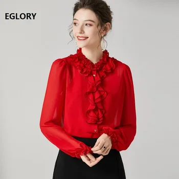 

2020 Spring Summer Fashion Sexy Blouse Shirts Women Ruffled Collar Long Sleeve Elegant Black Red Apricot Shirt Blusa Feminino