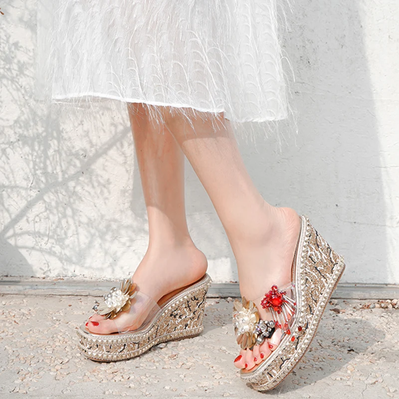 2020 роскошные летние женские блестящие шлепанцы на высоком каблуке с