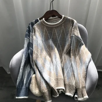 

Womens Sweaters 2019 Winter Thick Warm Pullover Fashion Argyle Casual Knit Jumpers Ladies O-Neck Long Sleeve Pull Femme Hiver