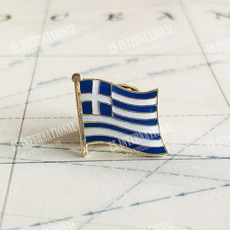 Greece National Flag Lapel Pins Crystal Epoxy Metal Enamel Badge Paint Brooch Souvenir Suit