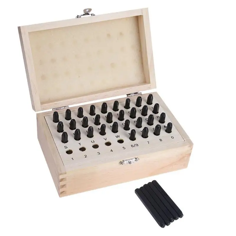 36pcs/set Stainless Steel Letter Number Punch Set Leather Wood Craft Stamp Tool Kit Leather Craft Stamp Tools with Wood Box