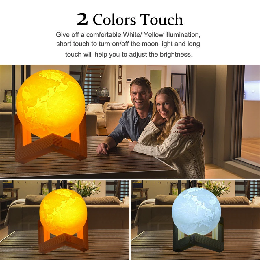  3D Print LED Earth Lamp Rechargeable LED Night Light Color Changing Moon Lamp Touch Switch for Home - 32859324063