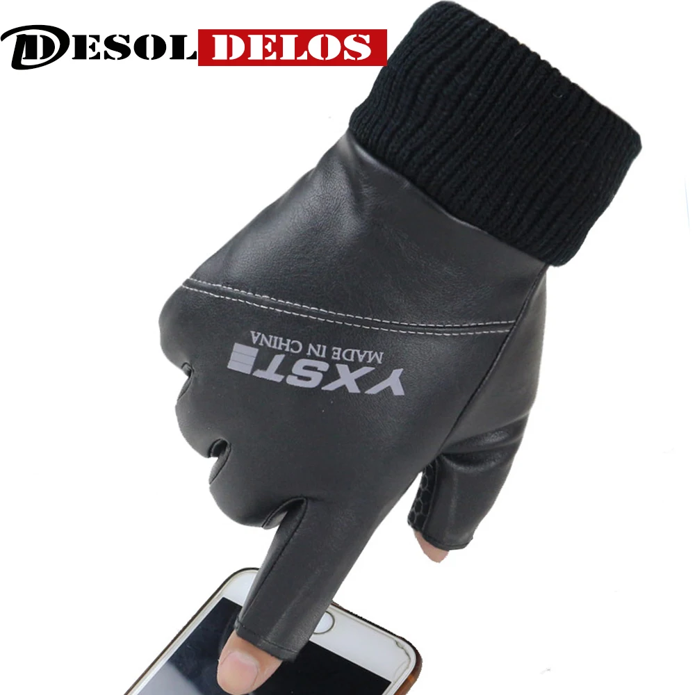 

DesolDelos PU Leather Gloves Men Two Fingers Cut Fishing Mitten Elastic Waterproof Sport Guant Spring Winter None Slip luvas