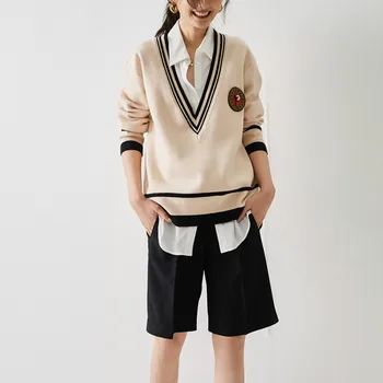 

Women Sweater 2020 Spring and Summer New College Style Badge V-neck Knitted Girl Sweater