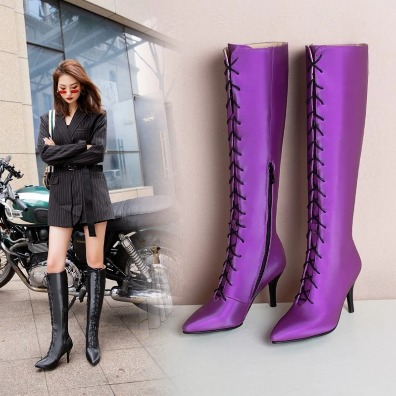 Winter Sweet Women Knee High Boots Pu Leather Pointed Toe 8cm High