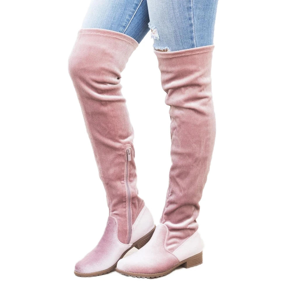 Pink PUIMENTIUA/Сапоги до бедра на плоской подошве; зимние женские ботфорты; удобные замшевые женские высокие сапоги; женская обувь; Цвет Серый, винный, черный - Цвет: Pink
