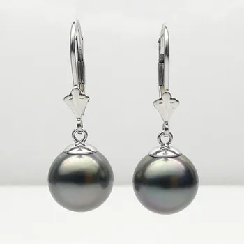

Free Shipping 10-10.5MM Black Real Tahitian Cultured Pearl Drop Earrings Solid 14K White Gold