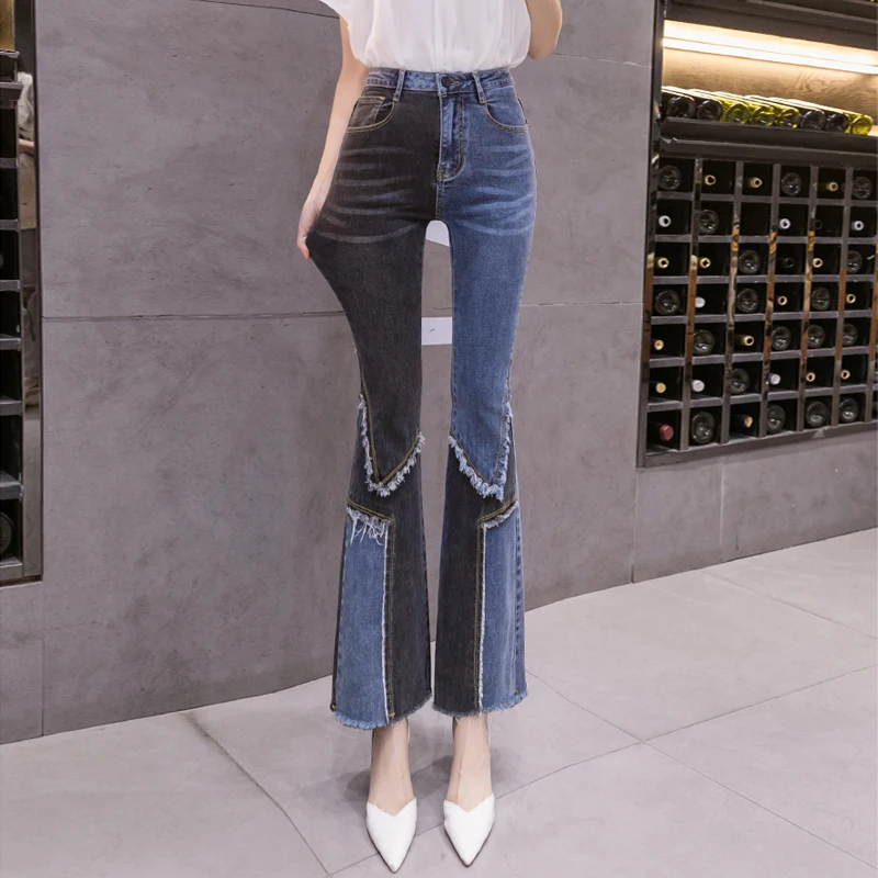 Vintage Patchwork Flared Jeans Ladies Stretch High Waist Skinny Boot-Cut Denim Trousers Mujer Fashion Denim Pants For Women 2021 gap jeans Jeans