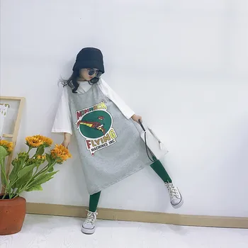 

Girls dress2019 autumn new children loose lazy white bottoming shirt suspender dress two sets of tide