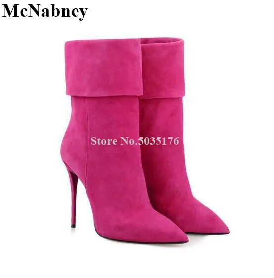 

McNabney Women Short Boots Pink Flock Slip-On High Heel Pointed Toe Stiletto Heel Mid-Calf Ladies Boots Fashion New Women Shoes
