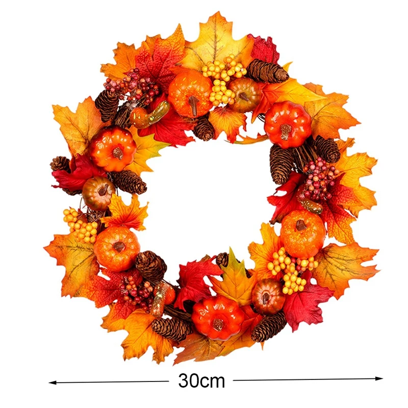 PHFU-Rattan Berry Maple Leaf Autumn Door Wreath Door Wall Decoration Halloween Accessories